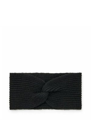 Schwarzes gestricktes Stirnband mit einer gedrehten Knoten-Design in der Mitte, das eine dicke gerippte Textur zeigt.