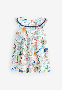 Vestido de manga corta en tejido ligero, con un patrón colorido de sol, nubes y paisaje. Escote con volantes y ribete en azul marino.