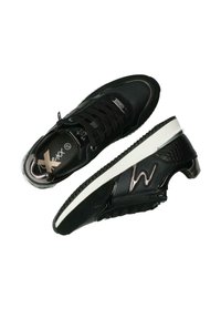 Black sneakers with leather and textured accents, featuring a white sole, black laces, and a W logo detail on the side.