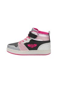 Sneakers alte scintillanti in argento, nero e rosa. Presentano una fascia a strappo, lacci rosa e un motivo a rosa sul lato. Suola in gomma.