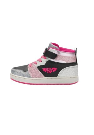 Sneakers alte scintillanti in argento, nero e rosa. Presentano una fascia a strappo, lacci rosa e un motivo a rosa sul lato. Suola in gomma.