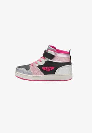 Sneakers alte scintillanti in argento, nero e rosa. Presentano una fascia a strappo, lacci rosa e un motivo a rosa sul lato. Suola in gomma.