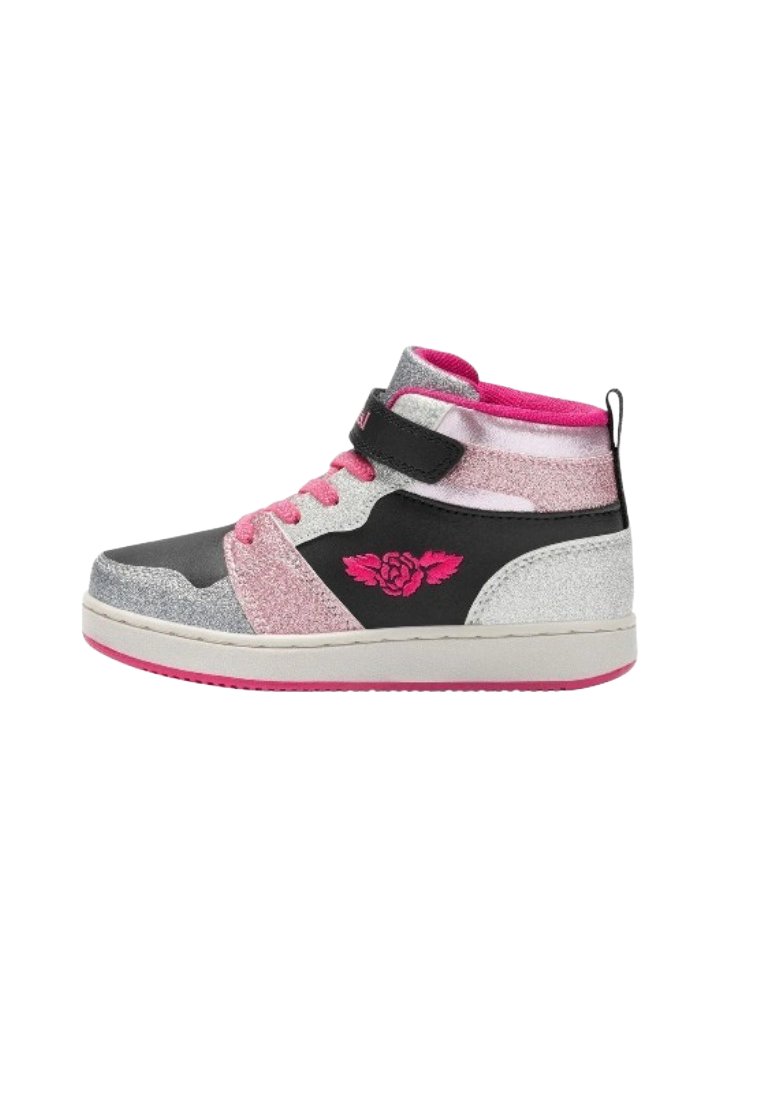 Sneakers alte scintillanti in argento, nero e rosa. Presentano una fascia a strappo, lacci rosa e un motivo a rosa sul lato. Suola in gomma.