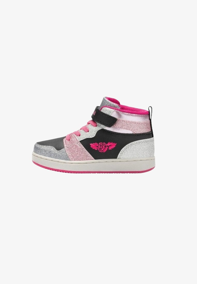 Sneakers alte scintillanti in argento, nero e rosa. Presentano una fascia a strappo, lacci rosa e un motivo a rosa sul lato. Suola in gomma.