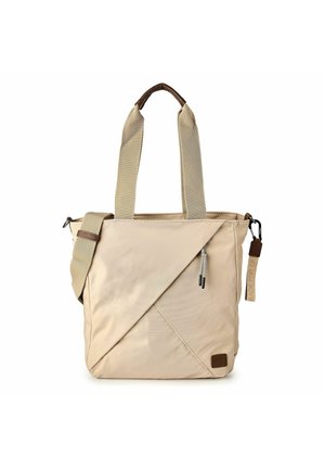 Sac fourre-tout beige avec de larges poignées en tissu, une bandoulière amovible, une poche avant diagonale avec fermeture éclair et des accents en cuir marron.