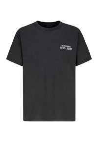 Schwarzes Baumwoll-T-Shirt mit kurzen Ärmeln, Rundhals, mit weißem Text "TOWARDS THE LIGHT" auf der linken Brustseite.