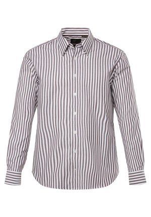Camisa de botones a rayas en blanco y marrón, con mangas largas, cuello y dobladillo curvado. Confeccionada en tejido entrelazado, de textura suave.