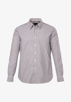 Camicia a righe bianca e marrone, con maniche lunghe, colletto e orlo curvo. Realizzata in tessuto intrecciato, con una texture liscia.