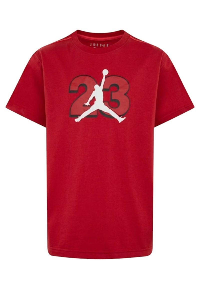 T-shirt in cotone rosso con maniche corte, caratterizzata da un logo silhouette bianco di Jordan e un ampio grafiche nera "23" sul davanti. Vestibilità regolare.