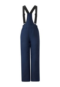 Marineblaue Latzhose mit weitem Bein, verstellbaren schwarzen Schulterträgern, elastischem Bund und glattem, wasserabweisendem Stoff.