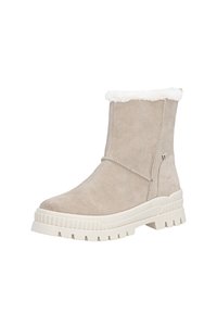 Beige Wildlederstiefeletten mit einem weißen Kunstfellumschlag, ausgestattet mit einer strukturierten creméfarbenen Gummisohle und minimalen Nahtdetails an der Seite.