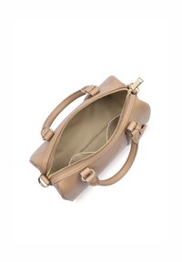 Tan leather handbag with double handles, zipper closure, and gold hardware. Inside features a plain lining with one slip pocket.