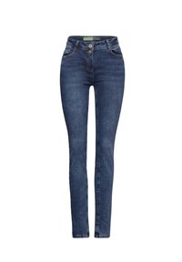 Dark blue skinny jeans with double button and zipper closure, front pockets, and faded detailing on legs.