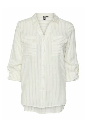 White button-up shirt with vertical gold stripes, two chest pockets, and rolled-up sleeves. Lightweight fabric with a smooth texture.