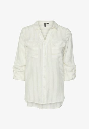 White button-up shirt with vertical gold stripes, two chest pockets, and rolled-up sleeves. Lightweight fabric with a smooth texture.