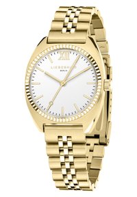 Goldfarbene Armbanduhr mit einem weißen Zifferblatt, römischer Ziffer XII, minimalistischen Markierungen und einem Gliederarmband-Design. Robuste Konstruktion aus Edelstahl.