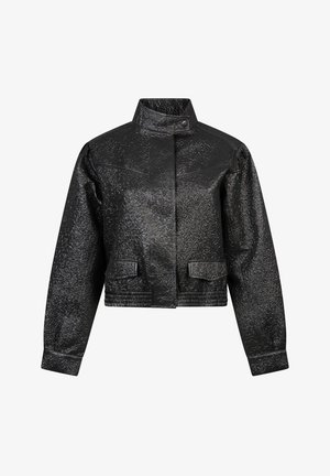 Black cropped jacket made from textured material, featuring a high collar, long sleeves, and two front pockets. Snap closure detail at neck.