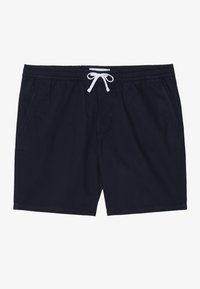 Pantaloni da bagno blu navy realizzati in tessuto leggero, dotati di vita elastica con coulisse bianca, due tasche laterali e una vestibilità comoda.