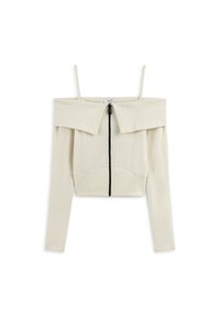 Top crema a spalla scoperta, con maniche lunghe, dotato di zip frontale, texture a coste e ampio colletto pieghettato.