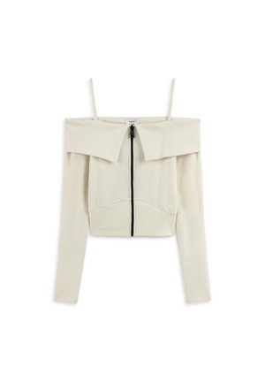 Top crema a spalla scoperta, con maniche lunghe, dotato di zip frontale, texture a coste e ampio colletto pieghettato.