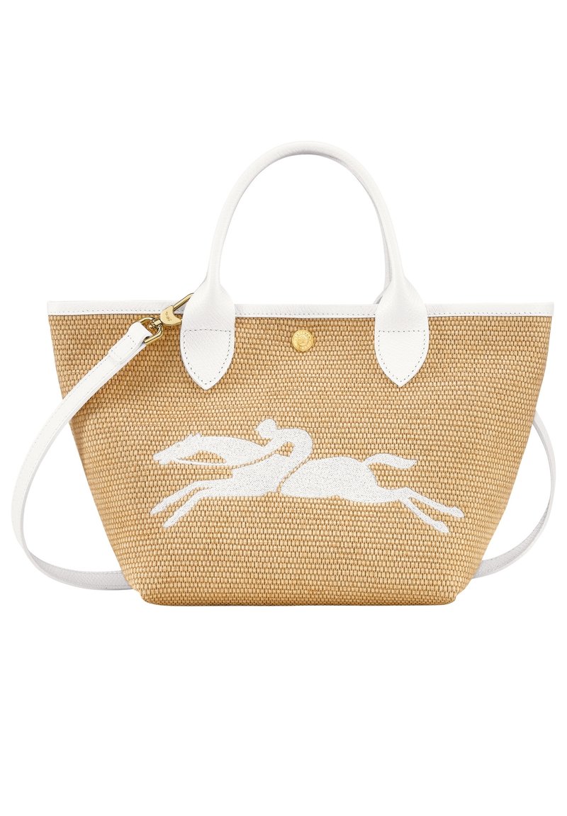 Borsa a tracolla in tessuto beige con dettagli in pelle bianca. Include un design di un cavallo in corsa bianco, doppi manici e una tracolla staccabile.
