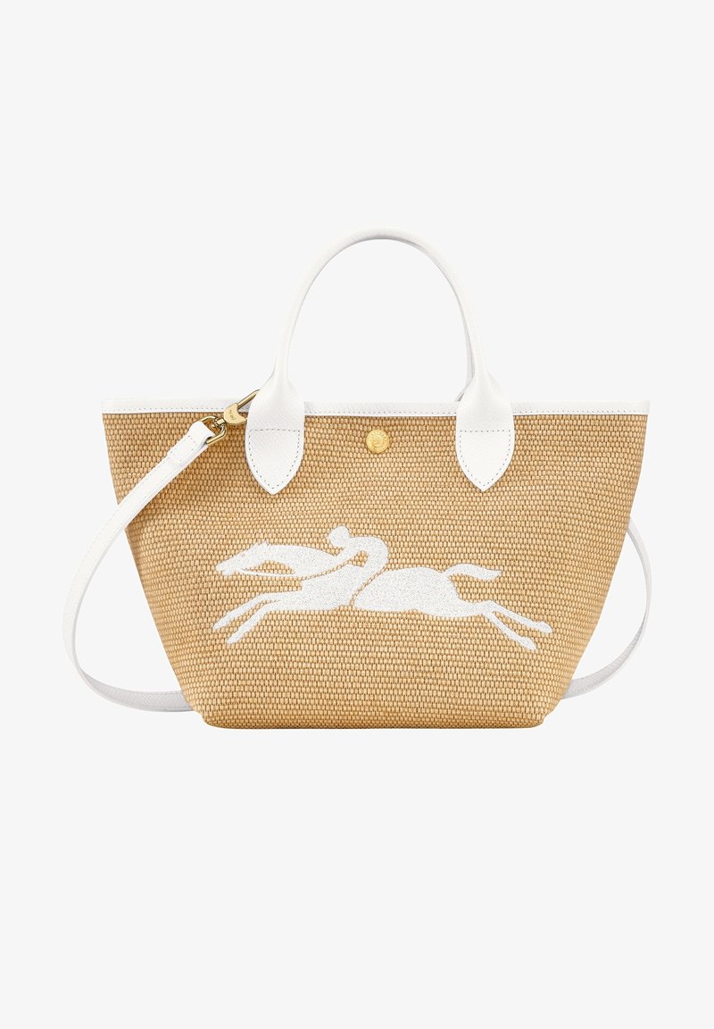 Borsa a tracolla in tessuto beige con dettagli in pelle bianca. Include un design di un cavallo in corsa bianco, doppi manici e una tracolla staccabile.