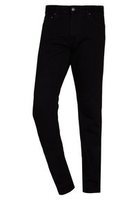 Schwarze Jeans aus Denim mit schmaler Passform, fünf Taschen, Knopfverschluss und kontrastierenden Nähten. Glatte Textur und minimalistisches Design.