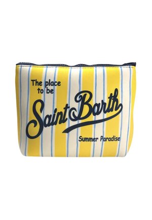 Bustina a righe gialle e bianche con testo blu con la scritta "The place to be Saint Barth Summer Paradise" e una cerniera in alto.