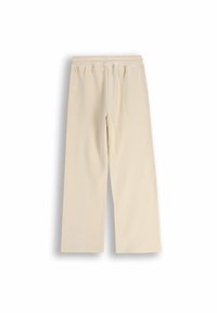 Beżowe spodnie o szerokich nogawkach z elastycznym pasem, wykonane z miękkiego materiału. Charakteryzują się gładką fakturą i brakiem widocznych wzorów czy akcentów.