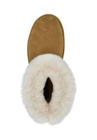 Braune Wildlederschlüpfschuhe mit einem weißen, plüschigen Kunstpelzrand. Abgerundete Form mit einem glatten Obermaterial und einem weichen Innenfutter für Wärme.