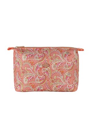 Rechthoekig etui met ritssluiting, voorzien van een oranje en roze paisley bloemenpatroon en kleine zijhandvatten.