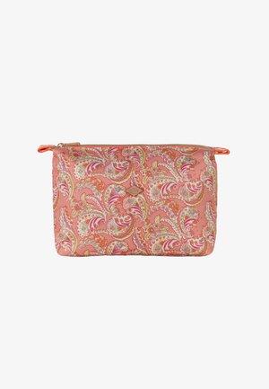 Rechthoekig etui met ritssluiting, voorzien van een oranje en roze paisley bloemenpatroon en kleine zijhandvatten.