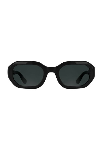 Black sunglasses with an octagonal frame, dark lenses, thick glossy plastic, and curved temple arms. No visible branding or embellishments.