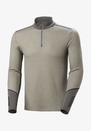 Helles graues Langarm-Pullover mit einem Halbreissverschluss-Kragen, strukturiertem Stoff, schwarzen Akzenten an Schultern und Ärmeln sowie gestreiften Details an den Bündchen.