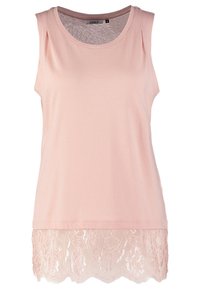 Top senza maniche di un leggero colore rosa, con una texture morbida, caratterizzato da un orlo inferiore in pizzo e un collo tondo. Etichetta che riporta "ONLY", taglia S.