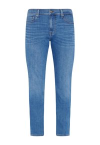 Jean en denim bleu clair avec une coupe slim, design à cinq poches et décoloration subtile. Comprend une fermeture à bouton et des passants de ceinture à la taille.