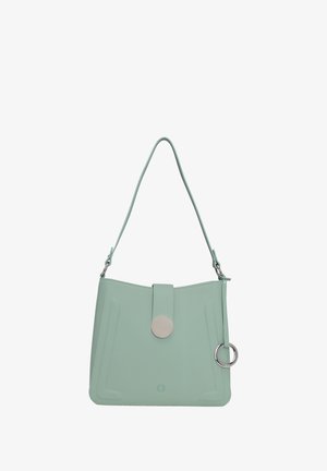 Borsa a tracolla verde menta con finitura liscia, dotata di chiusura a bottone, accentuata da un dettaglio rotondo e una tracolla rimovibile. Forma rettangolare, design minimalista.