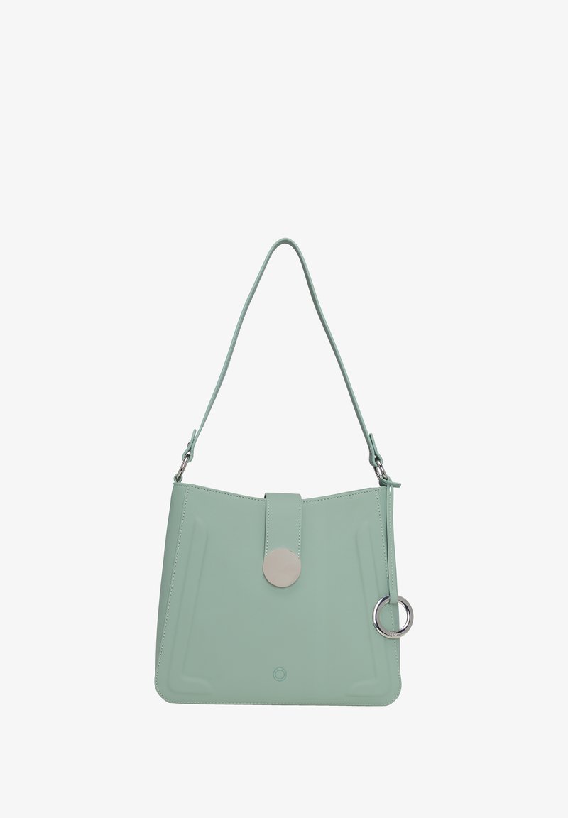 Mintgrön handväska med en slät yta, utrustad med knappstängning, en rund detalj och en avtagbar rem. Rektangulär form, minimalistisk design.