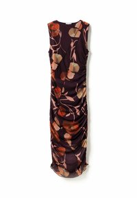 Fioletowa sukienka bez rękawów z kwiatowym wzorem w odcieniach rdzy i delikatnego różu. Posiada marszczenia po bokach oraz długość do kolan. Wykonana z lekkiej tkaniny.