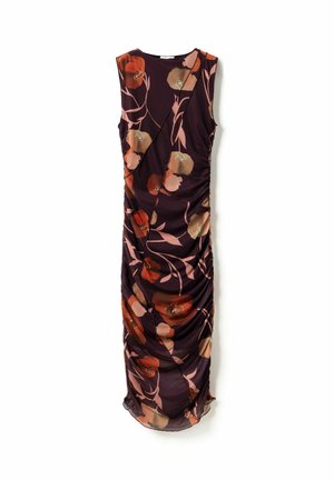 Rochie violet fără mâneci, cu un model floral în nuanțe de rugină și roz deschis. Prezintă drapaje pe lateral și o lungime până la genunchi. Material ușor.