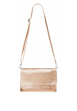 Rose gold leather crossbody bag with a textured finish, magnetic snap closure, and adjustable strap. Compact rectangular shape.