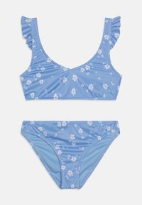Svijetloplavi bikini set s malim bijelim cvjetnim uzorcima, fluktuirajućim naramenicama na vrhu i klasičnim donjim dijelom.