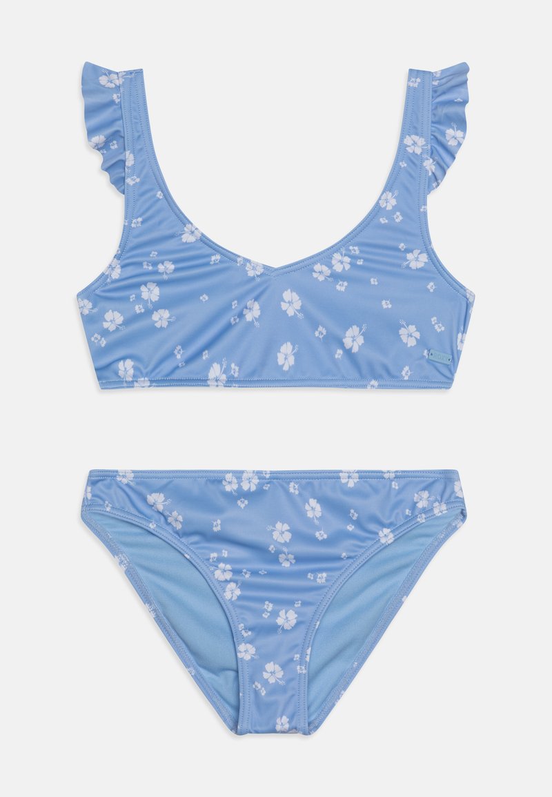 Svijetloplavi bikini set s malim bijelim cvjetnim uzorcima, fluktuirajućim naramenicama na vrhu i klasičnim donjim dijelom.
