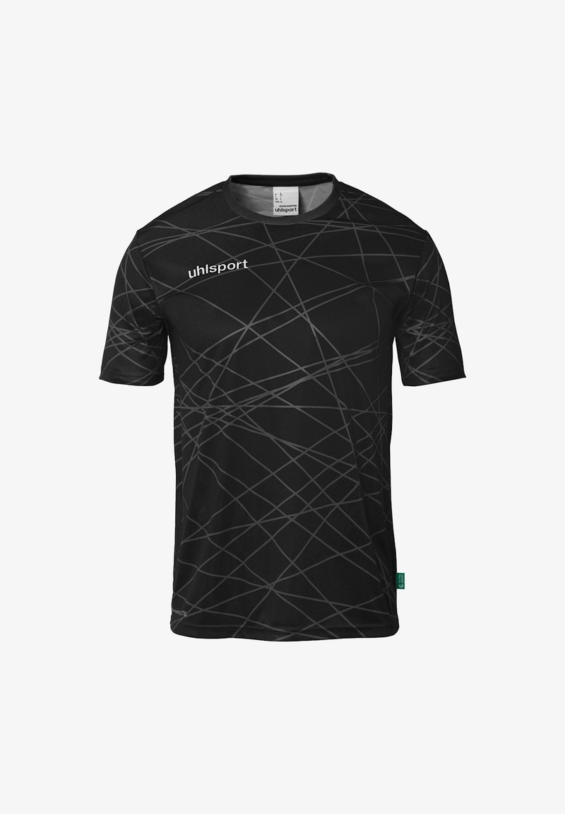 Sort atletisk t-shirt med et tekstureret abstrakt mønster af skærende grå linjer. Har rund hals og korte ærmer.