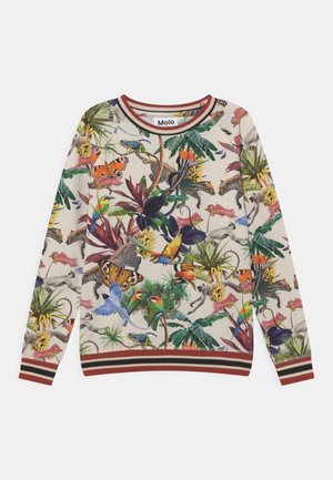 Beige langærmet sweatshirt med farverigt tropisk tryk med fugle, sommerfugle, leoparder, planter samt røde og brune stribede manchetter og krave.