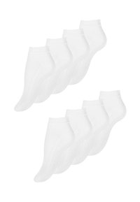 Pack of 10 white ankle socks with a ribbed cuff, made of soft material, featuring reinforced toe and heel for durability.