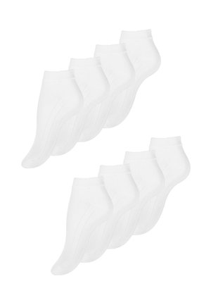 Pack of 10 white ankle socks with a ribbed cuff, made of soft material, featuring reinforced toe and heel for durability.