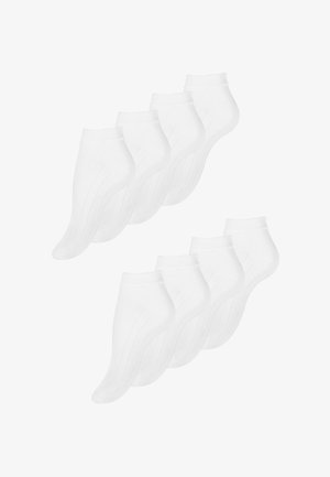 Pack of 10 white ankle socks with a ribbed cuff, made of soft material, featuring reinforced toe and heel for durability.