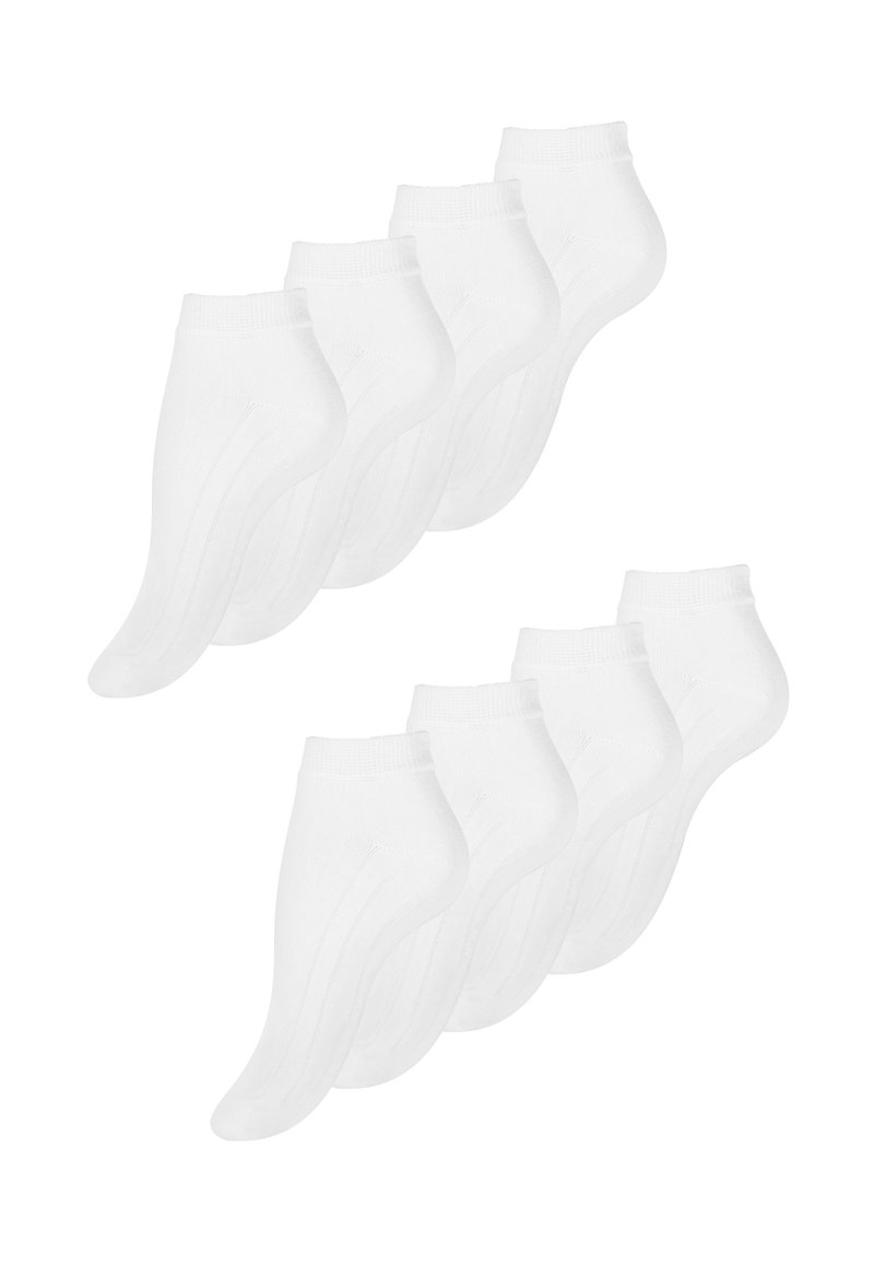 Pack of 10 white ankle socks with a ribbed cuff, made of soft material, featuring reinforced toe and heel for durability.