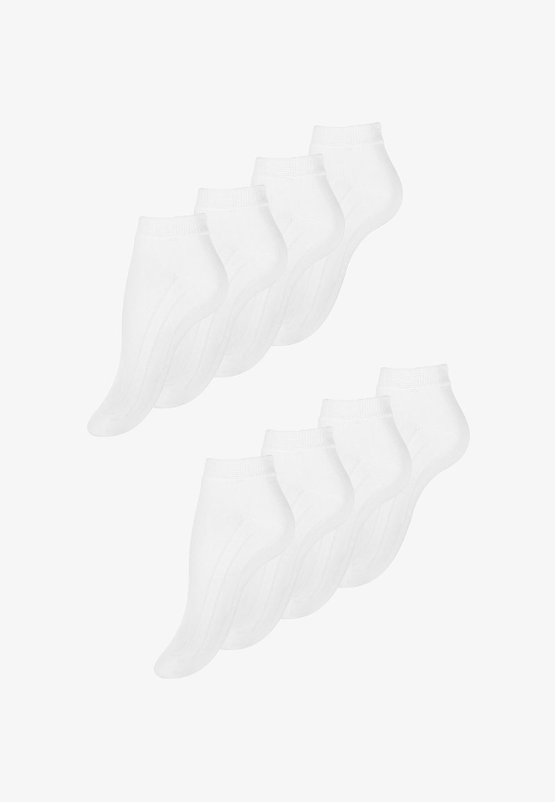 Paket mit 10 weißen Knöchelsocken mit geripptem Bündchen, hergestellt aus weichem Material, mit verstärkter Zehen- und Fersenpartie für Langlebigkeit.